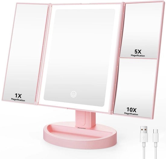 Specchio di trucco con illuminazione, 10x/5x/1x ingrandimento con illuminazione e 3 colori di illuminazione, specchio pieghevole con illuminazione e luce LED regolabile, ricaricabile via USB, rosa