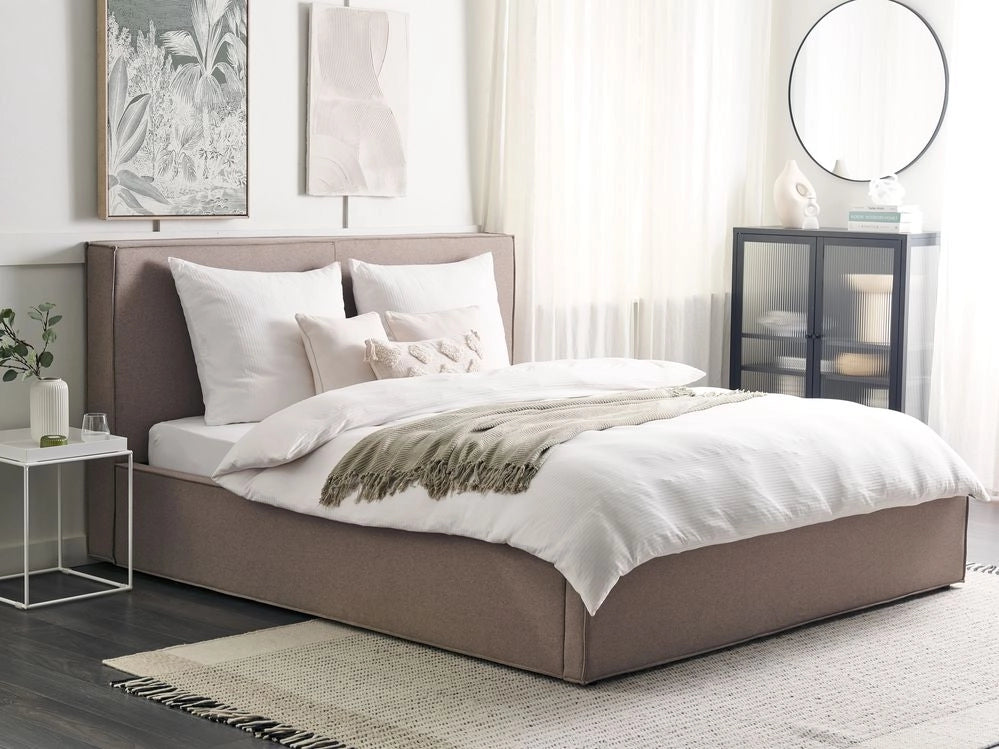 Letto king size 180 x 200 cm Grigio Tortora Rivestimento in tessuto Ottomana di contenitore Telaio a doghe Camera da letto moderna contemporanea