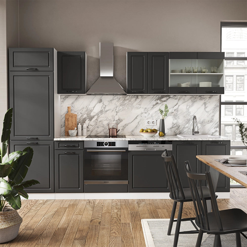 Cucina componibile R-Line Antracite rustico/Bianco 300 cm, PL Rovere Vicco