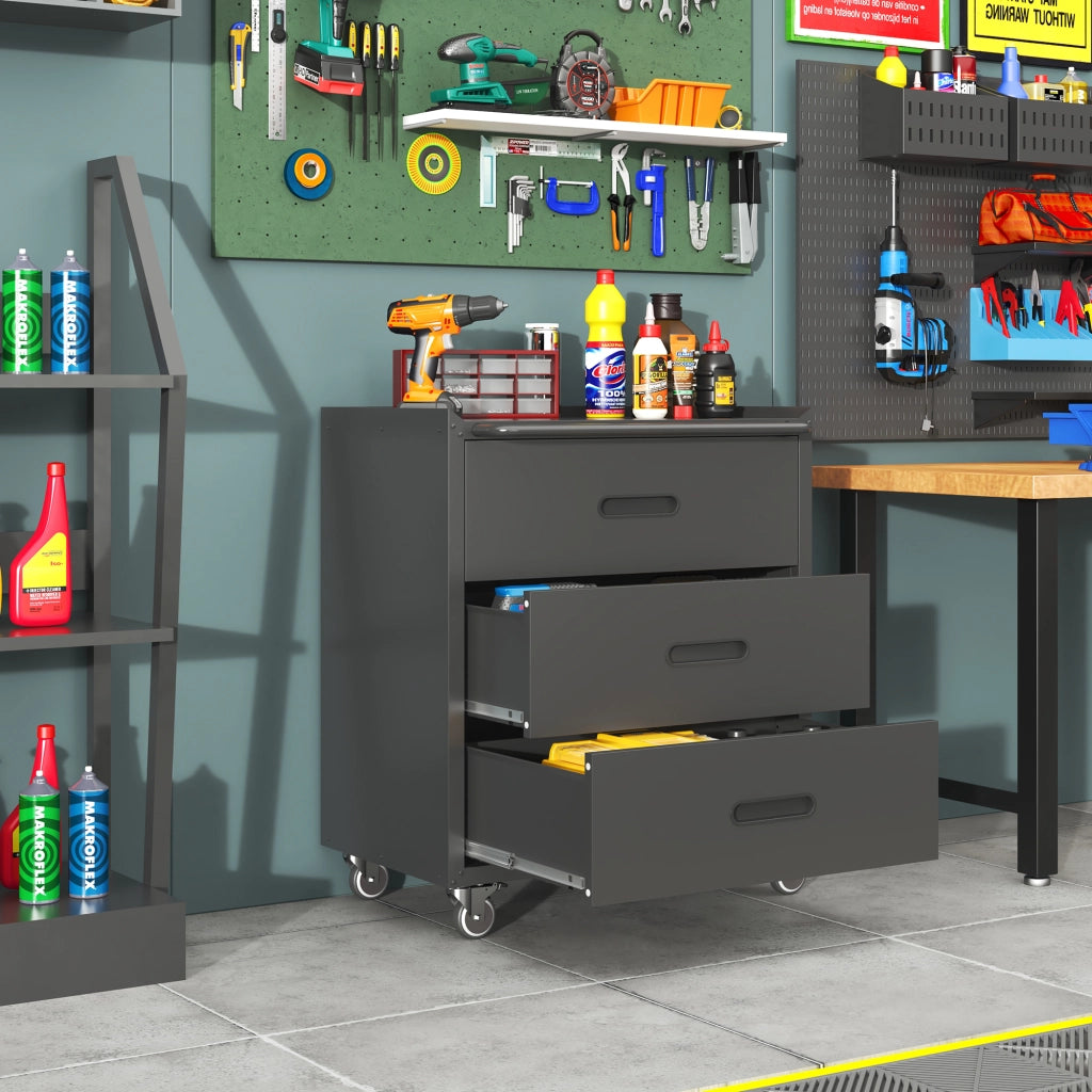 Carrello armadio portautensili in metallo con 3 cassetti, 75 × 42 × 88 cm, nero/grigio