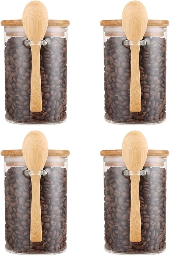 Set di contenitori per il cibo con coperchio e cucchiaio - 4 pezzi - bicchieri da 450ml per la preparazione dei pasti - Coperchio in legno per la conservazione di spezie - caffè - tè - noci
