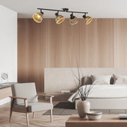 Plafoniera Industrial-Nordico Lancia Acciaio Nero Legno Marrone 4 Luci E14