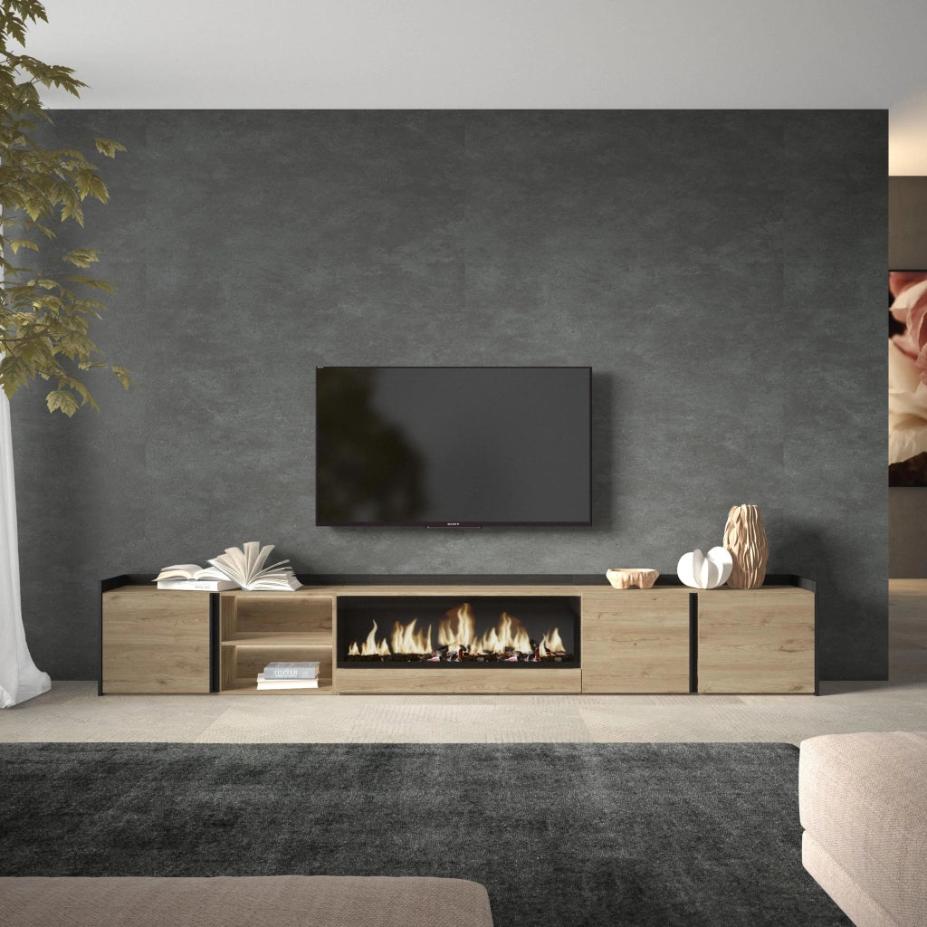 Mobile TV Soggiorno, 315x50x35 cm, Per TV fino a 80", Camino elettrico XXL, LED, Rovere e nero
