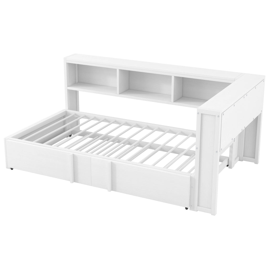 Divano letto in metallo e MDF 90x200 cm con letto estraibile, LED, USB e vani contenitore, bianco