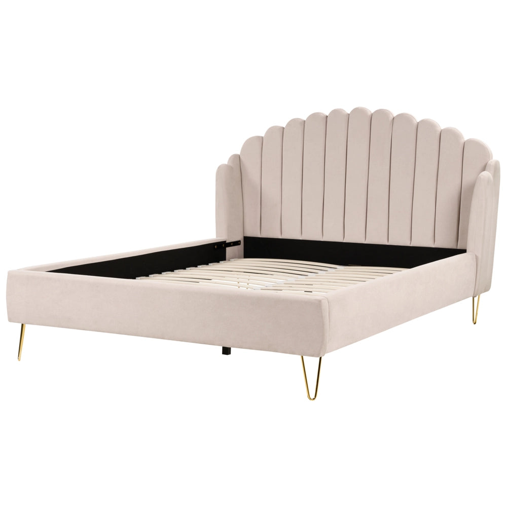 Letto con rete in tessuto poliestere beige chiaro 180 x 200 cm gambe in metallo testata retro capitonné