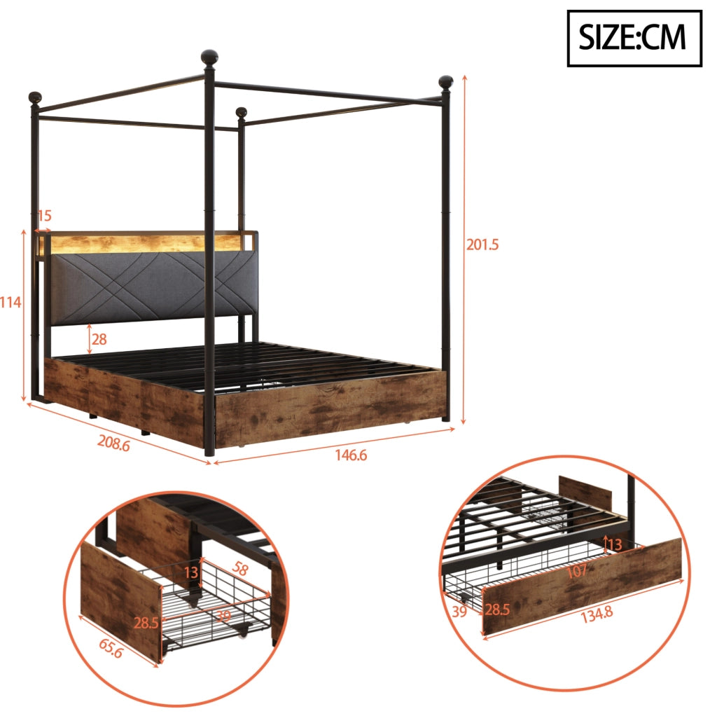 Letto matrimoniale multifunzione 140x190 cm in metallo nero con baldacchino removibile; USB e LED