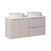 Insieme VANO cashmere e bianco 120cm: mobile sottolavabo con cassetti e armadietti + piano per lavabo + lavabi da appoggio scanalato