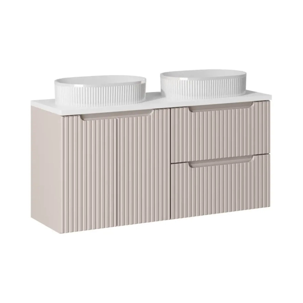 Insieme VANO cashmere e bianco 120cm: mobile sottolavabo con cassetti e armadietti + piano per lavabo + lavabi da appoggio scanalato