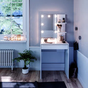 Tavolo da toeletta Isabelle, Bianco, 60 cm con illuminazione a LED, Salvaspazio e funzionale allo stesso tempo