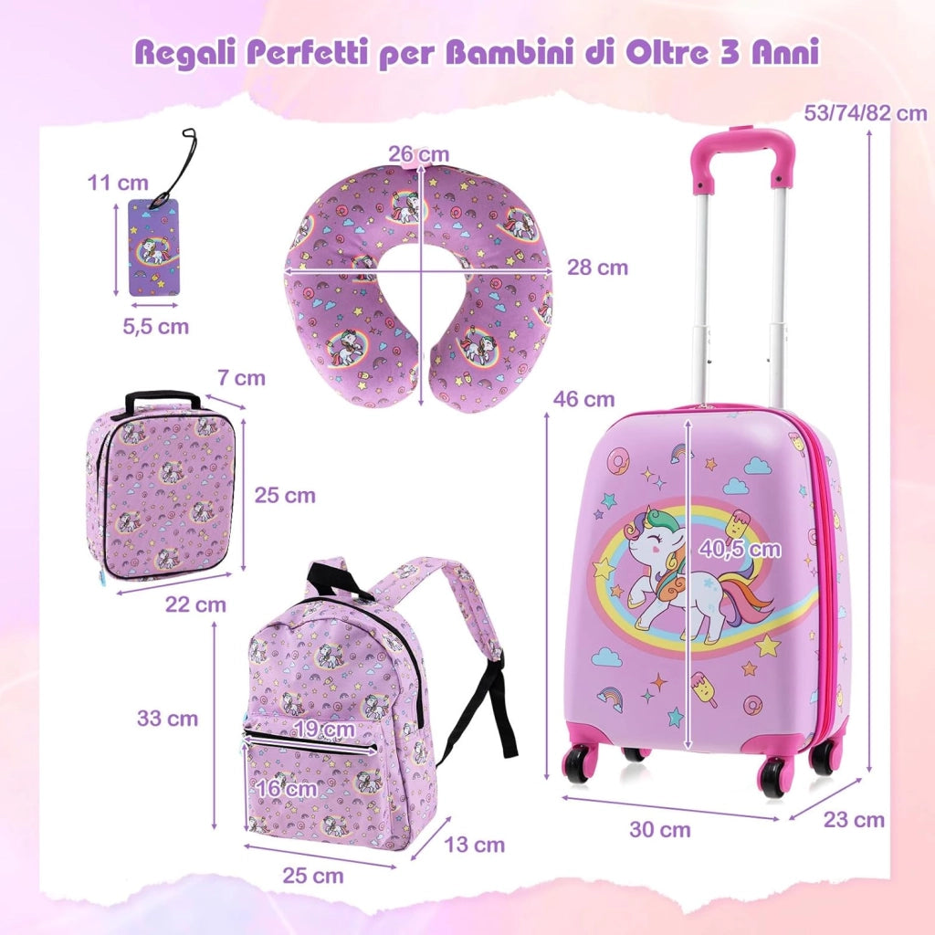 5 Pezzi Valigia per Bambini, Valigia con ManicoTelescopico da 16" con 13" Zainetto, Cuscino per Il Collo, Etichetta per Bagaglio, Borsa per Il Pranzo, con Ruote Girevoli a 360 ° (Modello 1)