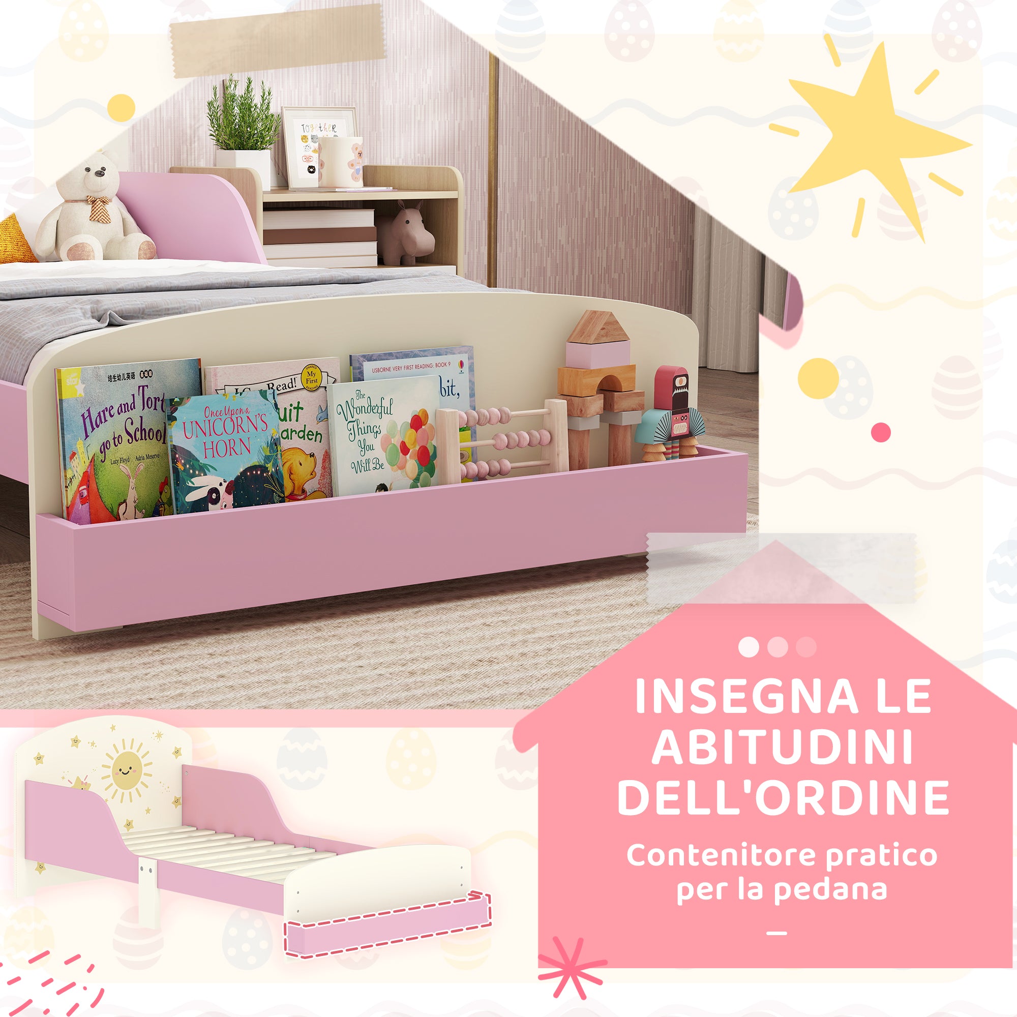 Letto Basso per Bambini 3-8 Anni 150x77x60 cm con Spazio Contenitore e Sponde Laterali in MDF Rosa