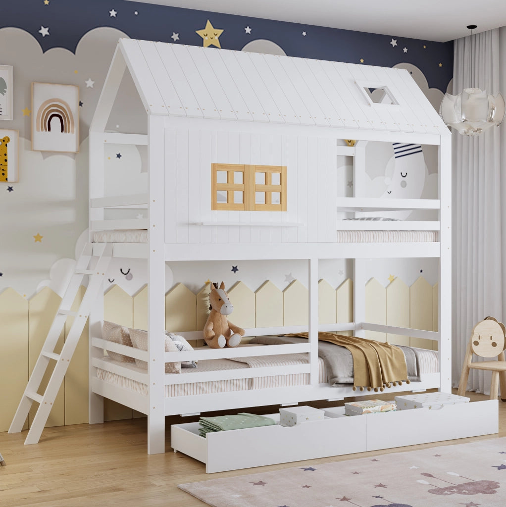Letto a castello per bambini con finestre, tetto e due cassetti, 90 x 200 cm