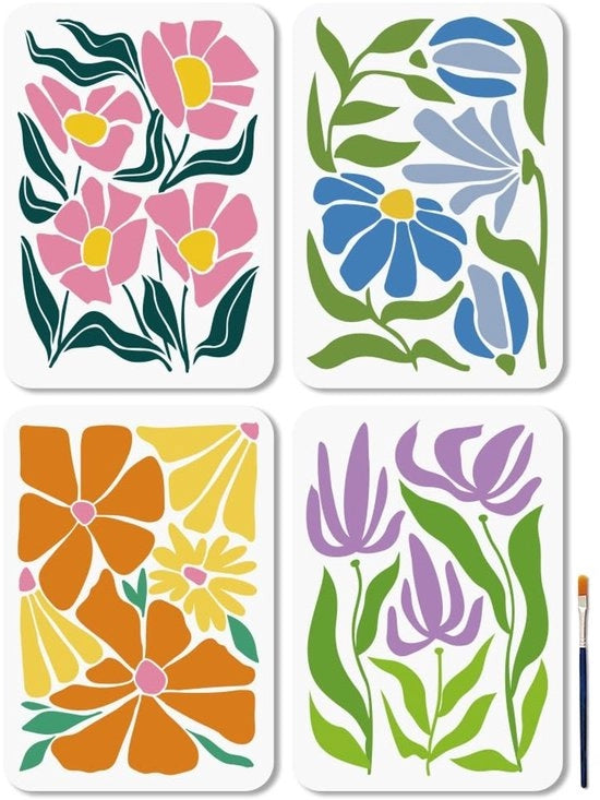 Set di stencil per fiori - 4 pezzi stencil riciclabili - 29,7 × 21 cm - Plastica - Disegno fiori boho - Inclusa spazzola per vernice - Stencil per pittura