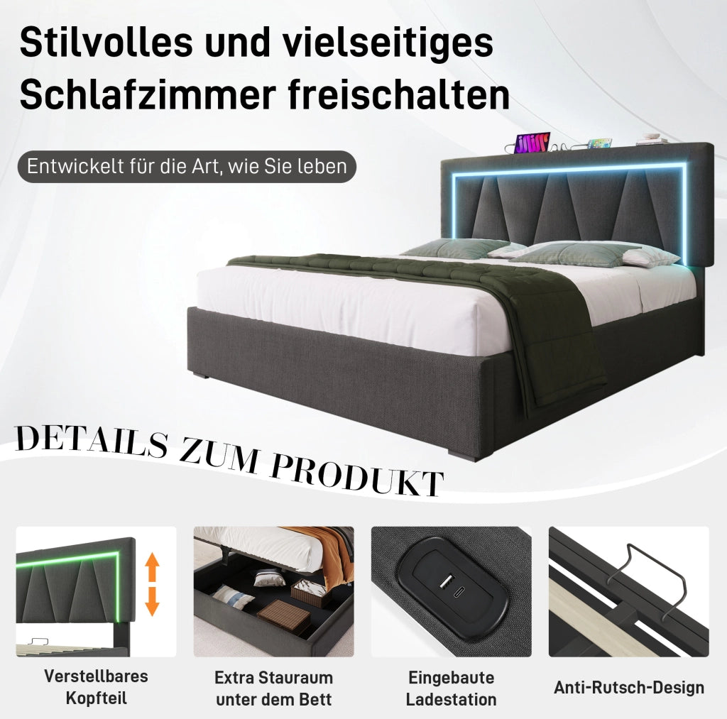 Letto matrimoniale 140x200 con LED, USB-C e vano contenitore