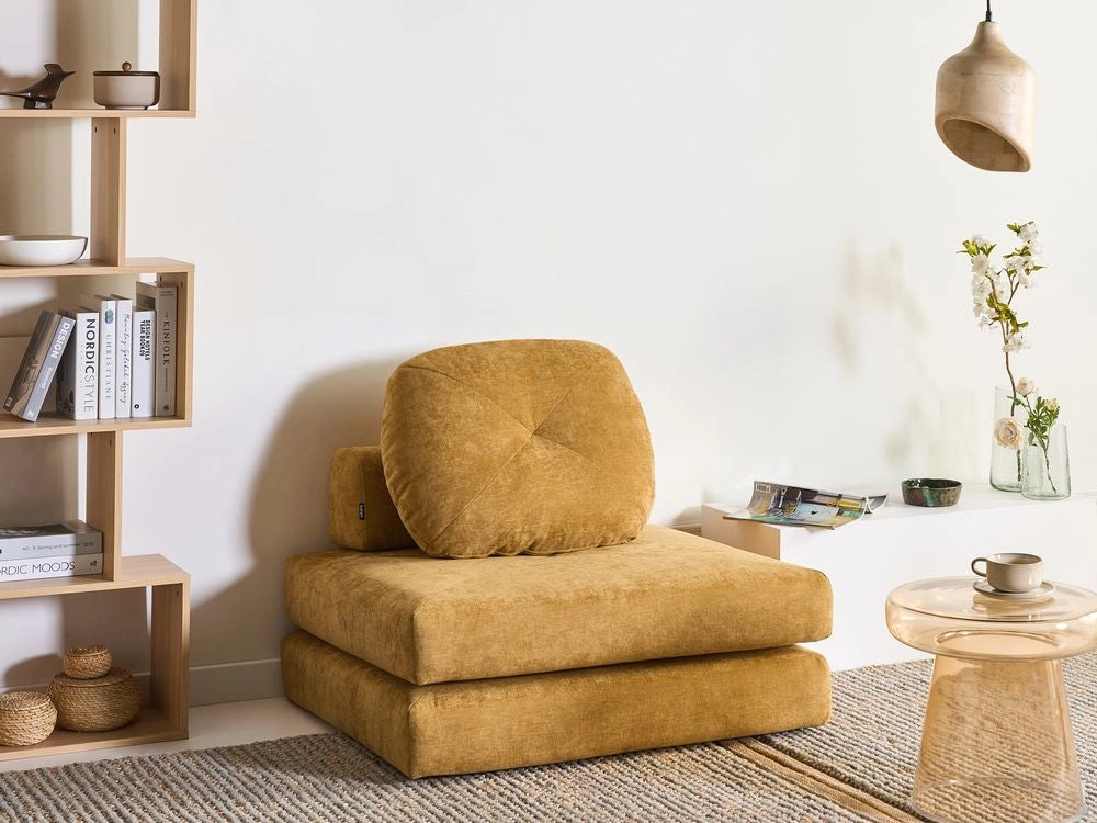 Divano a 1 posto in tessuto di ciniglia Pouf letto singolo per ospiti con cuscino senape stile Moderno
