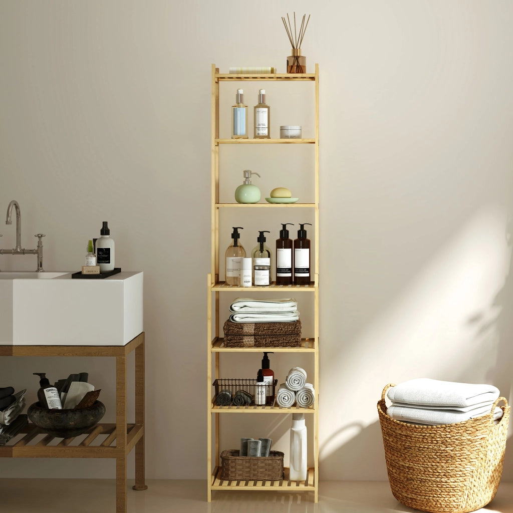 Scaffale Bagno 44x33x180 cm a 7 Ripiani Portaoggetti in Bambù