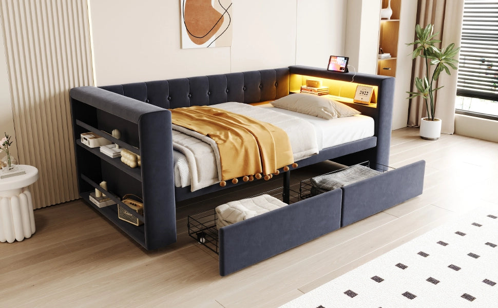 DESMIU Lit simple 90 × 190 cm con LED multicolore, prese, vani e cassetti, senza materasso, grigio scuro