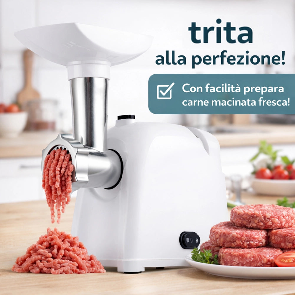 Tritacarne Elettrico Bianco con Lame in Acciaio Inox e Accessori Potenza 1000W
