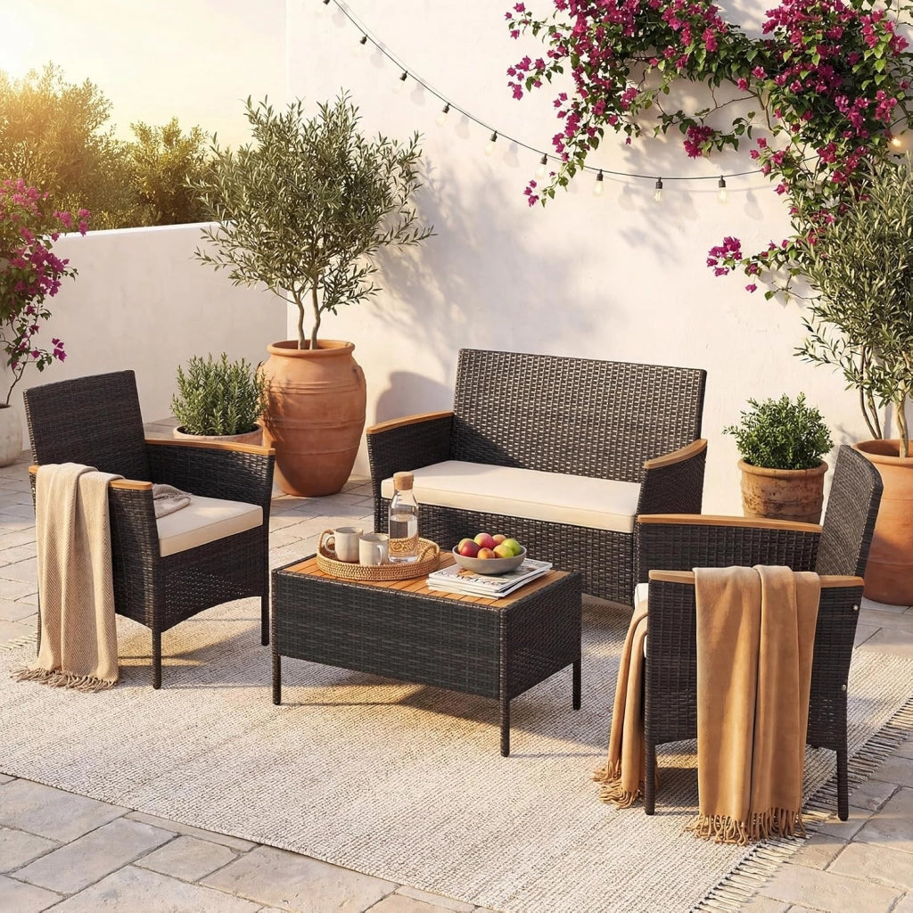 Salotto da Giardino Esterno 4 Pezzi, Set Giardino Esterno in Rattan con 1 Tavolino, 2 Poltrone e 1 Divano 2 Posti, Set Mobili da Patio con Cuscini Morbidi per Patio, Balcone e Piscina