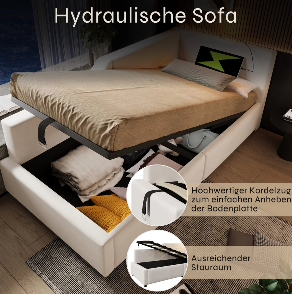 Letto da giorno imbottito 90x200 cm con contenitore idraulico; USB-C e lampada da lettura; velluto beige