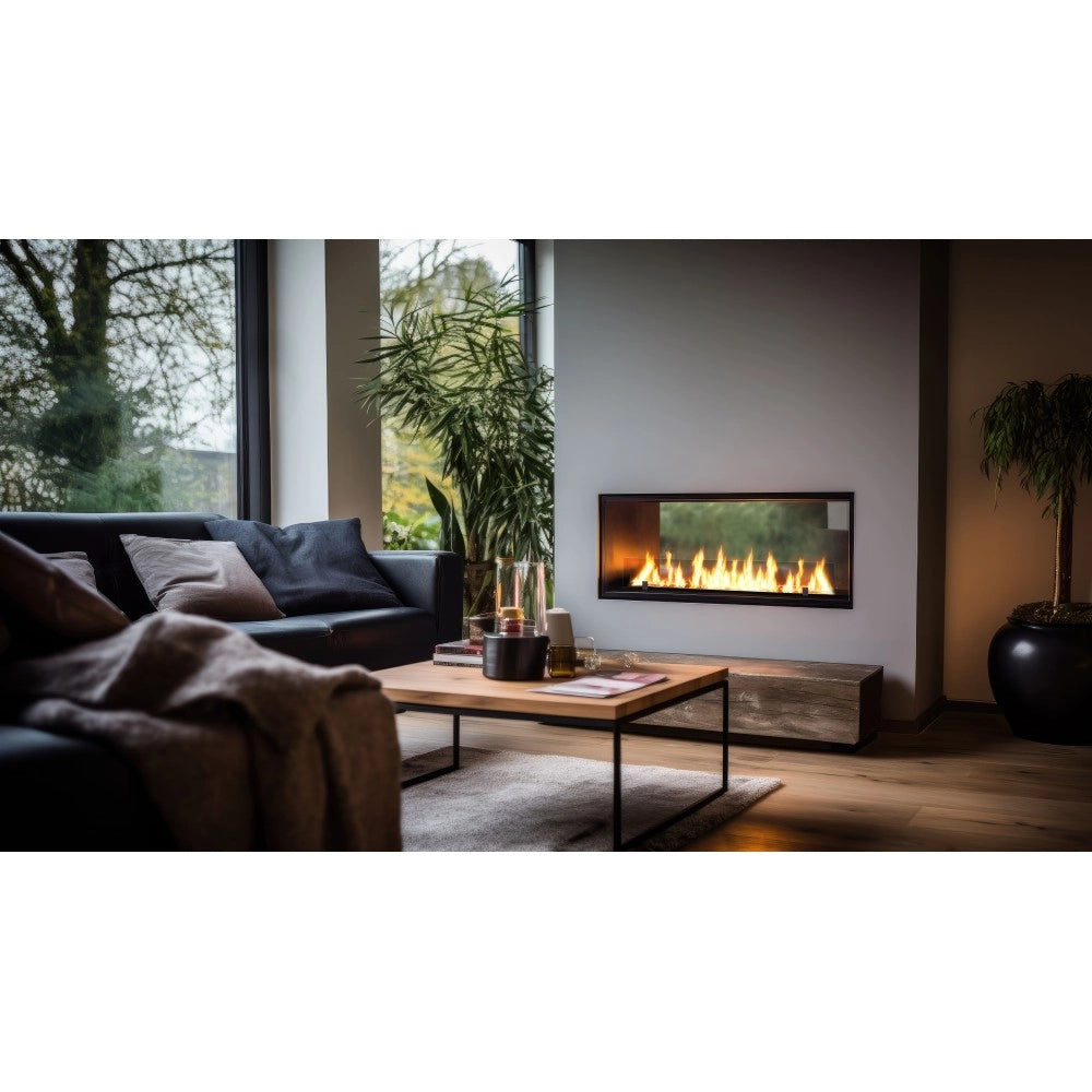 Caminetto a Bioetanolo 2Side 1200 Slim da Incasso con due facciate - Nero Opaco, con Vetro, Bruciatore 4L, Design Moderno