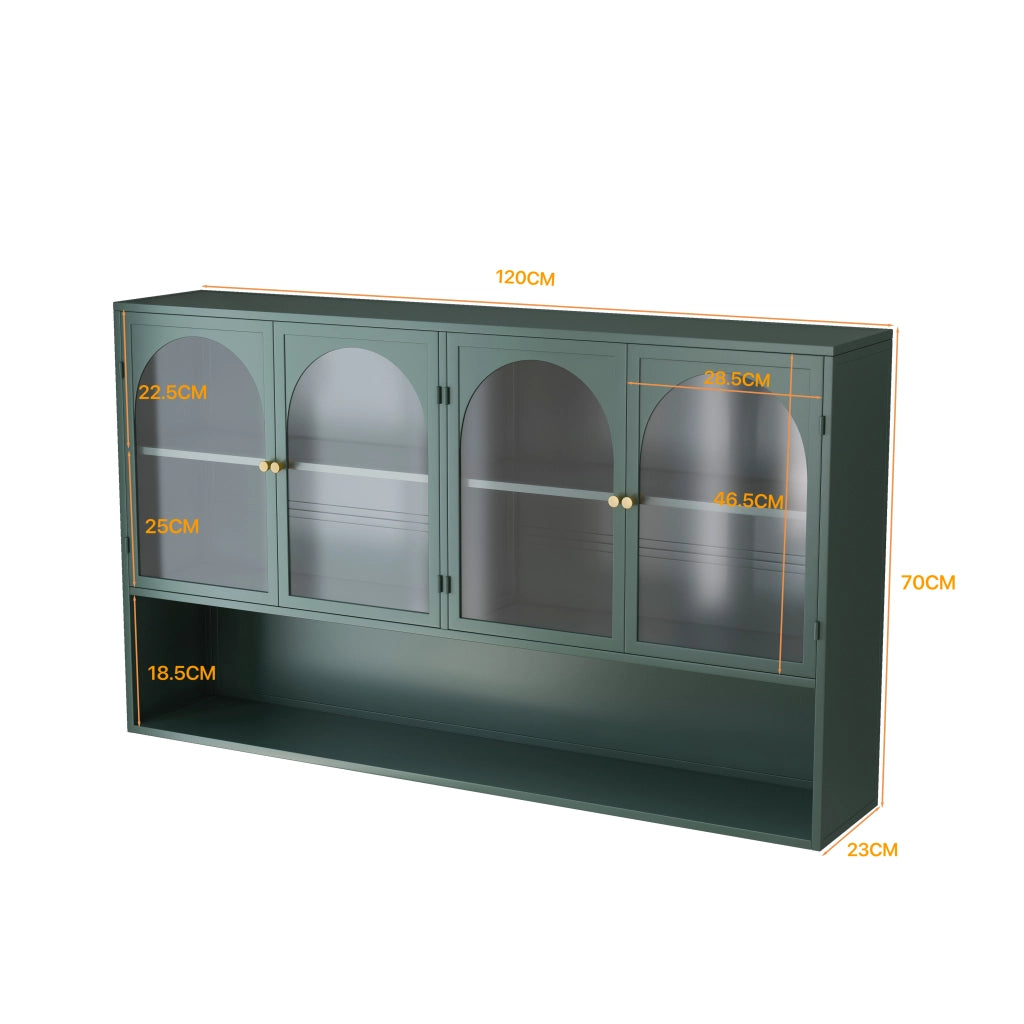 Mobile contenitore a 4 ante in ferro e vetro con ripiani; per cucina e soggiorno; 120×23×70 cm; verde scuro