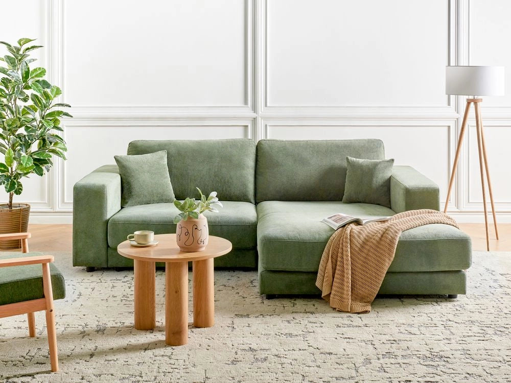 Divano angolare lato sinistro in Tessuto imbottito verde con Cuscini 3 posti stile moderno minimalista