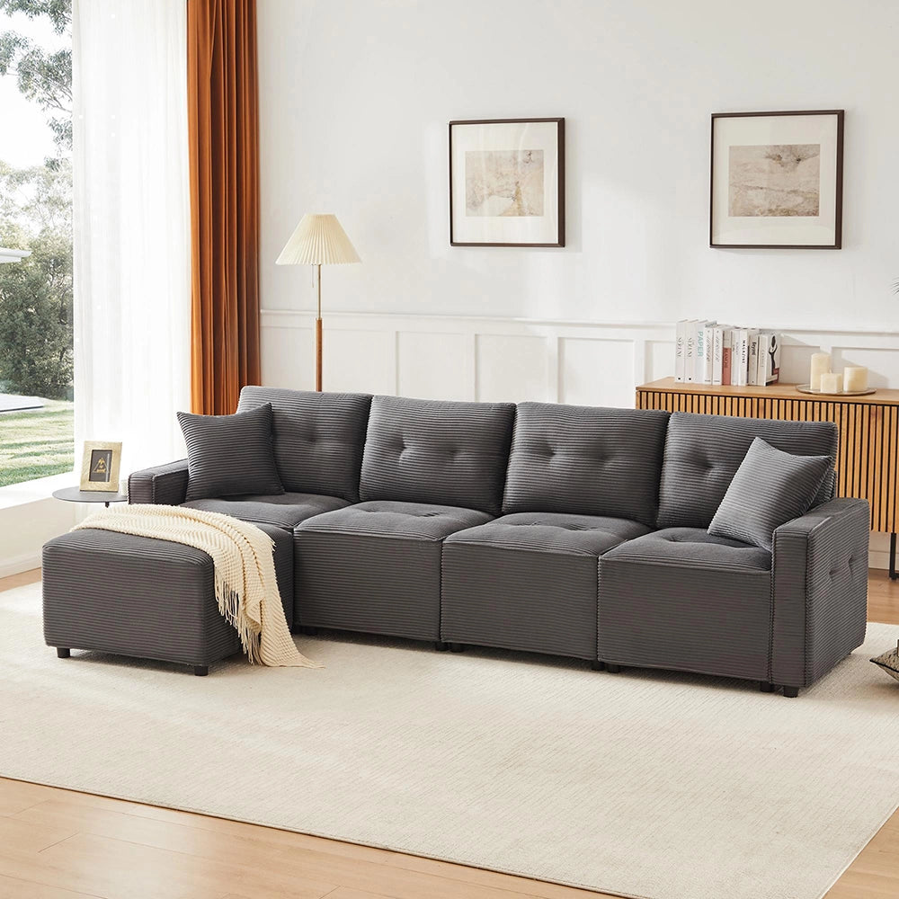 Divano 4 posti in velluto costato con pouf - Xylo - Grigio - 280x146x85 cm - Sedili con spazio di archiviazione