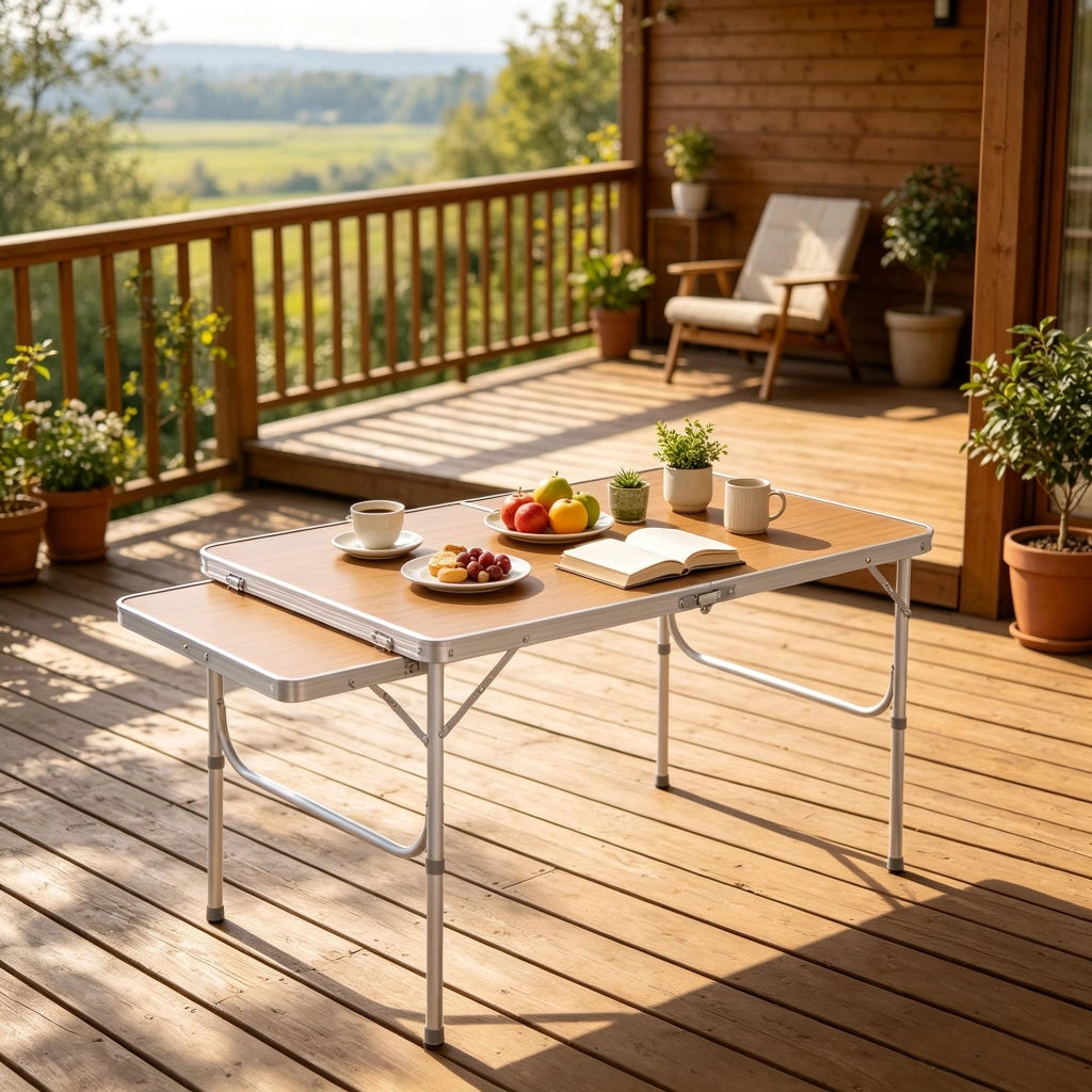 Tavolo da campeggio pieghevole con ripiano estensibile altezza regolabile 2 livelli in alluminio MDF multicolor