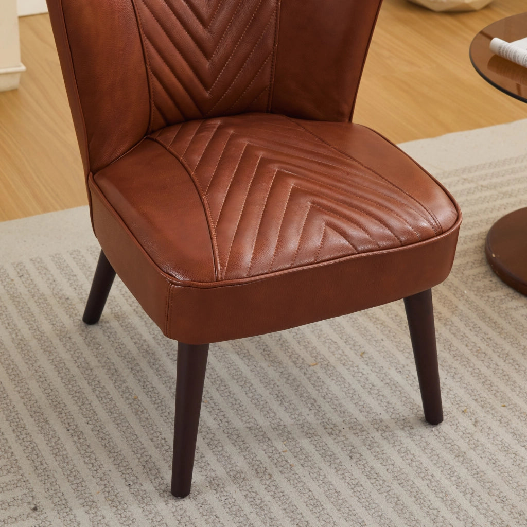 Poltrona Lounge senza Braccioli con Cuciture Diagonali a 45° e Struttura Stabile, in Pelle e Legno, Marrone
