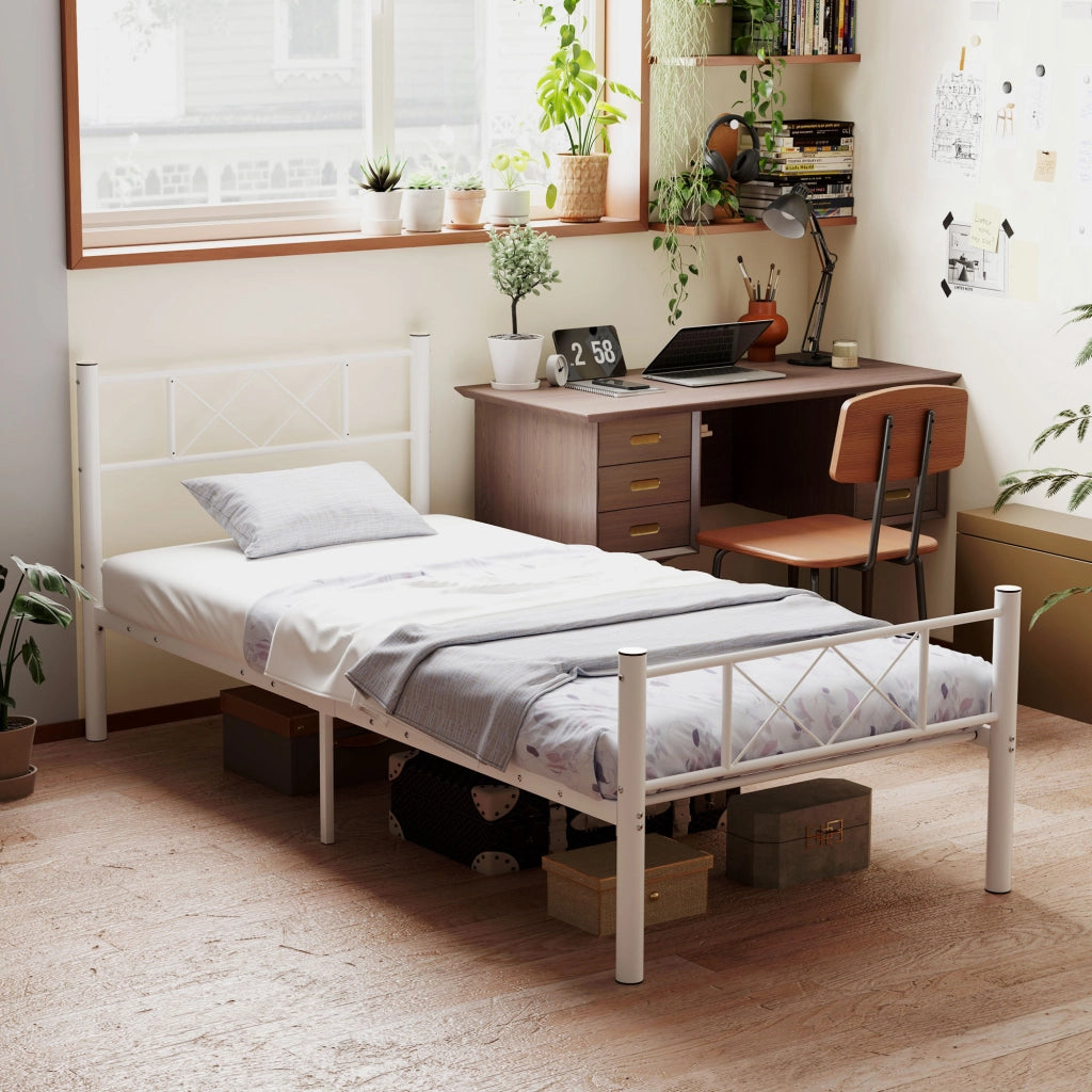 Telaio letto singolo in acciaio per materasso 90 x 200 cm, bianco, con rete integrata e spazio contenitore sotto il letto