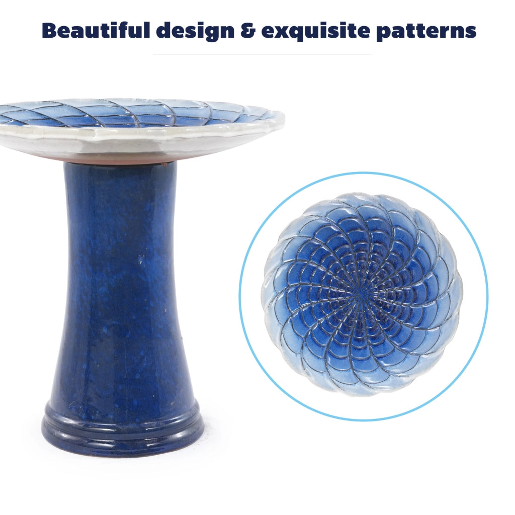 Fontana da giardino in ceramica fatta a mano con scodella ampia e base alta, resistente al gelo, blu e bianco
