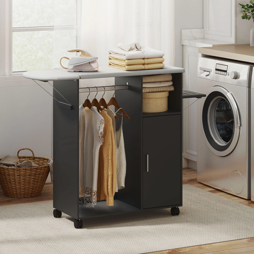 Mobile Asse da Stiro con Piano d'Appoggio ¨C Zephmum ¨C Effetto Lino, Nero, 127x42.5x99 cm