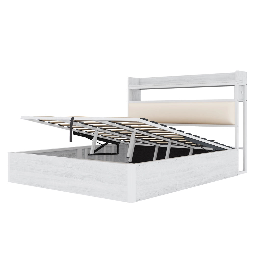 Letto 180x200 cm con contenitore idraulico in metallo; legno e tessuto bianco