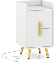 Comodino con stazione di ricarica, comodino con prese e 1 porta USB e 1 tipo C, tavolino da caffè con 2 cassetti, comodino, gambe in metallo, 32 x 40 x 60 cm