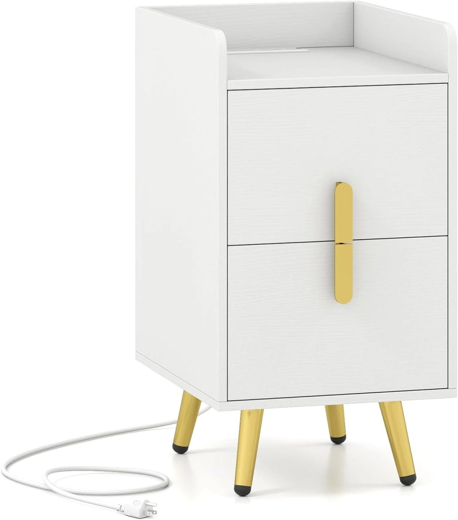 Comodino con stazione di ricarica, comodino con prese e 1 porta USB e 1 tipo C, tavolino da caffè con 2 cassetti, comodino, gambe in metallo, 32 x 40 x 60 cm