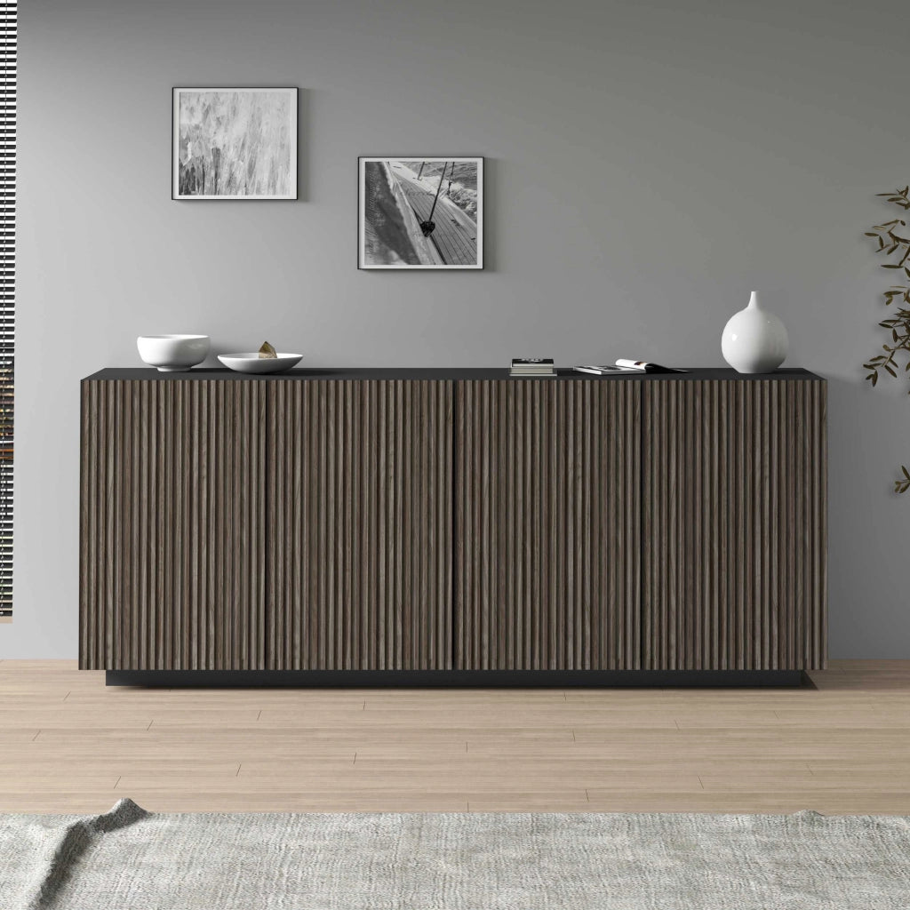 WHOUS Credenza Coste a 4 ante effetto cannetè antracite opaco e legno scuro 200x43x86 cm