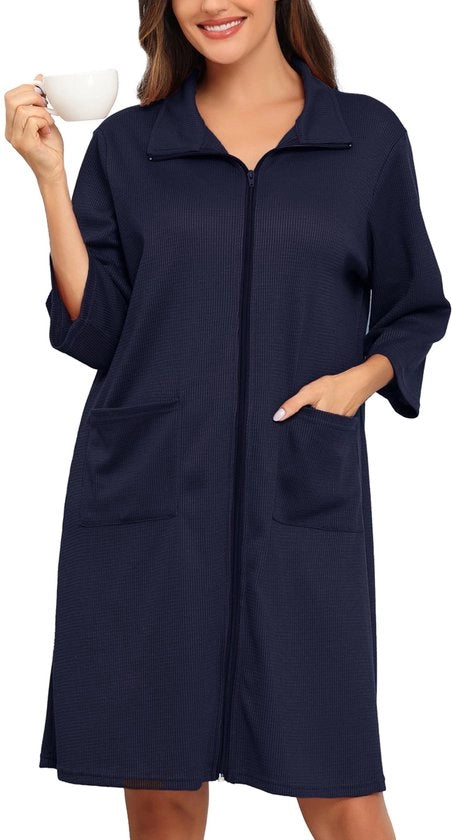 Badia da bagno a maglia a righelli con cerniera, maniche 3/4, tessuto a righelli, giacca leggera, lunghezza ginocchia con tasche, blu marino, L