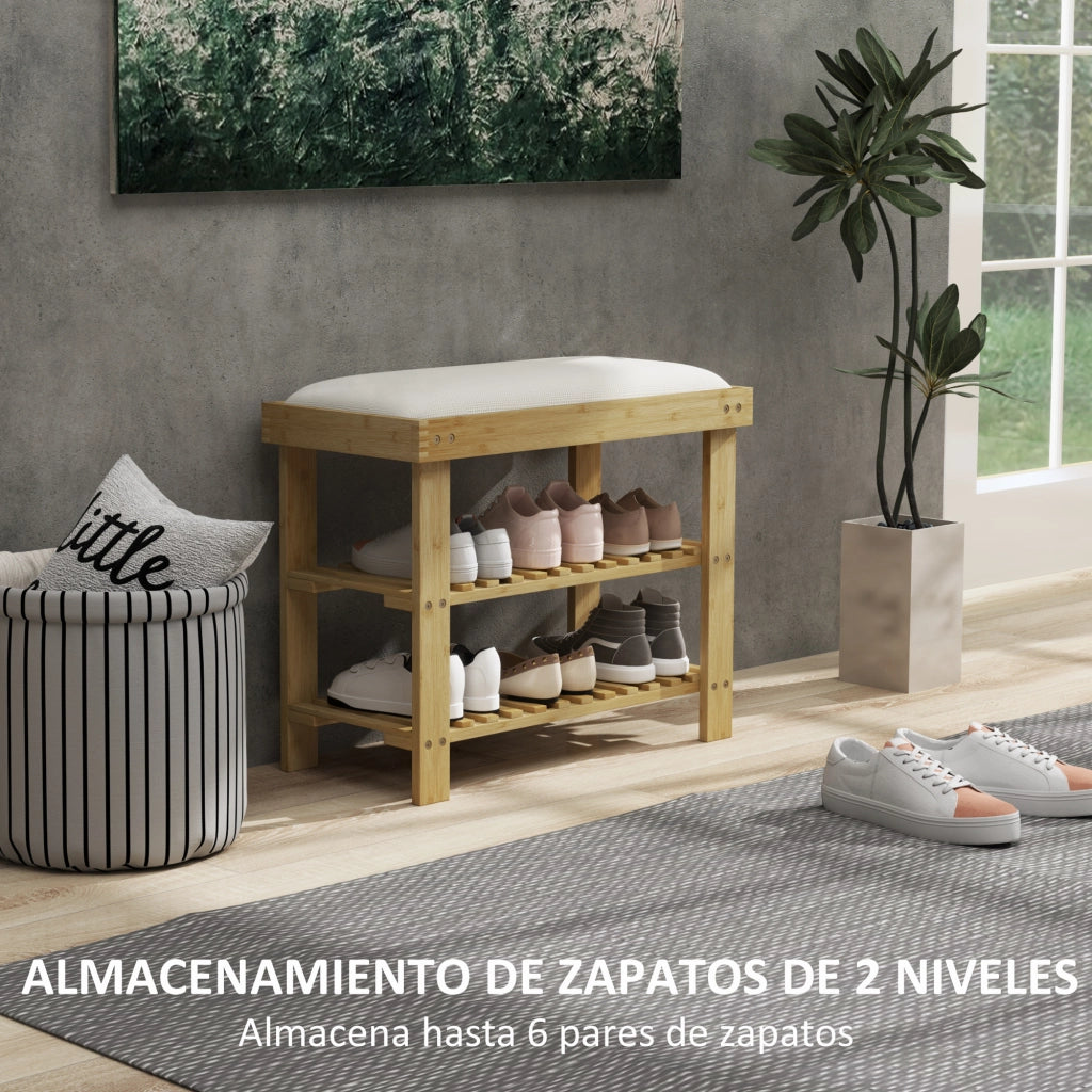 Panca scarpiera in bamb¨´ con cuscino ¨C Xylo ¨C 2 ripiani crema 60x29x49 cm