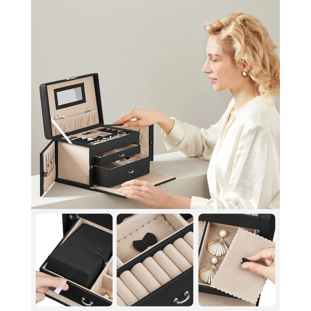 Cofanetto Portagioie Elegance Nero con Specchio e Mini Set da Viaggio