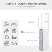 Colonna Bagno, Mobile Bagno Salvaspazio in Legno, Mobiletto con Armadietto, Ripiani e Cassetti, 15x33x136 cm, Grigio Chiaro