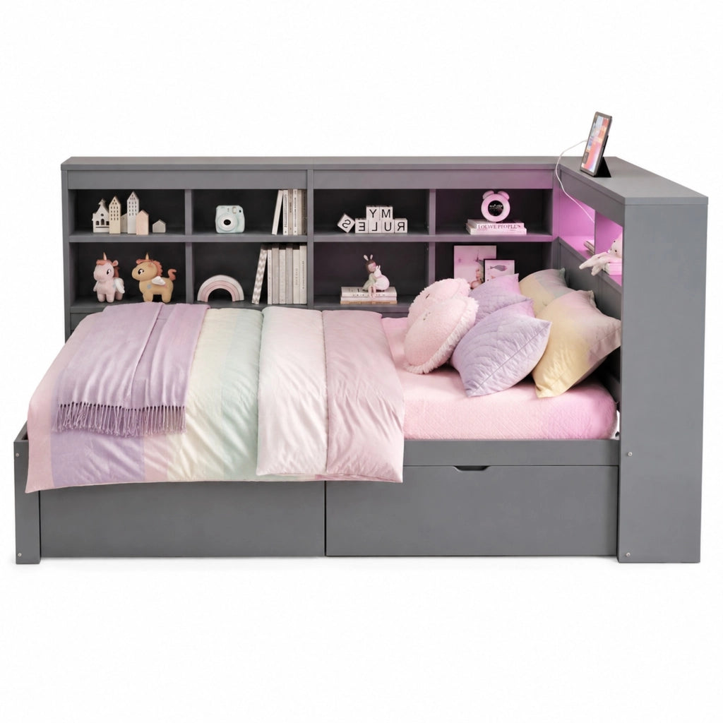 Letto singolo multifunzione 90x200 cm grigio con LED e USB