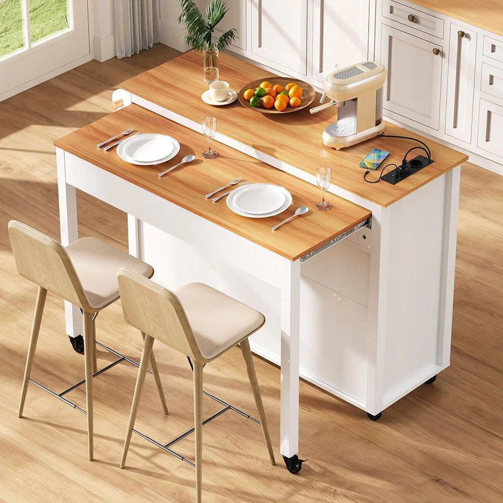 Isola cucina mobile - Xylo - Estendibile con piano lavoro, vano rifiuti e multipresa, ideale per cucina e sala da pranzo (Bianco)