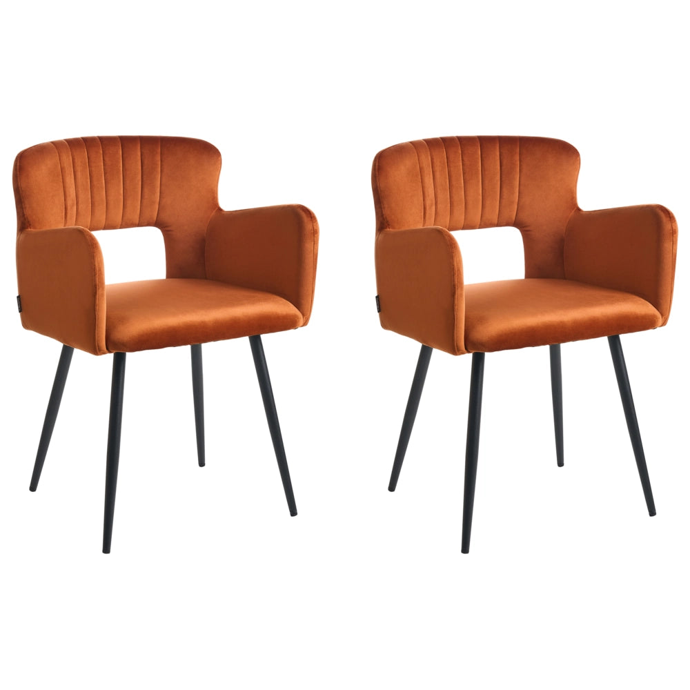 Set di 2 sedie da pranzo velluto arancione braccioli schienale intagliato gambe in metallo moderna industriale