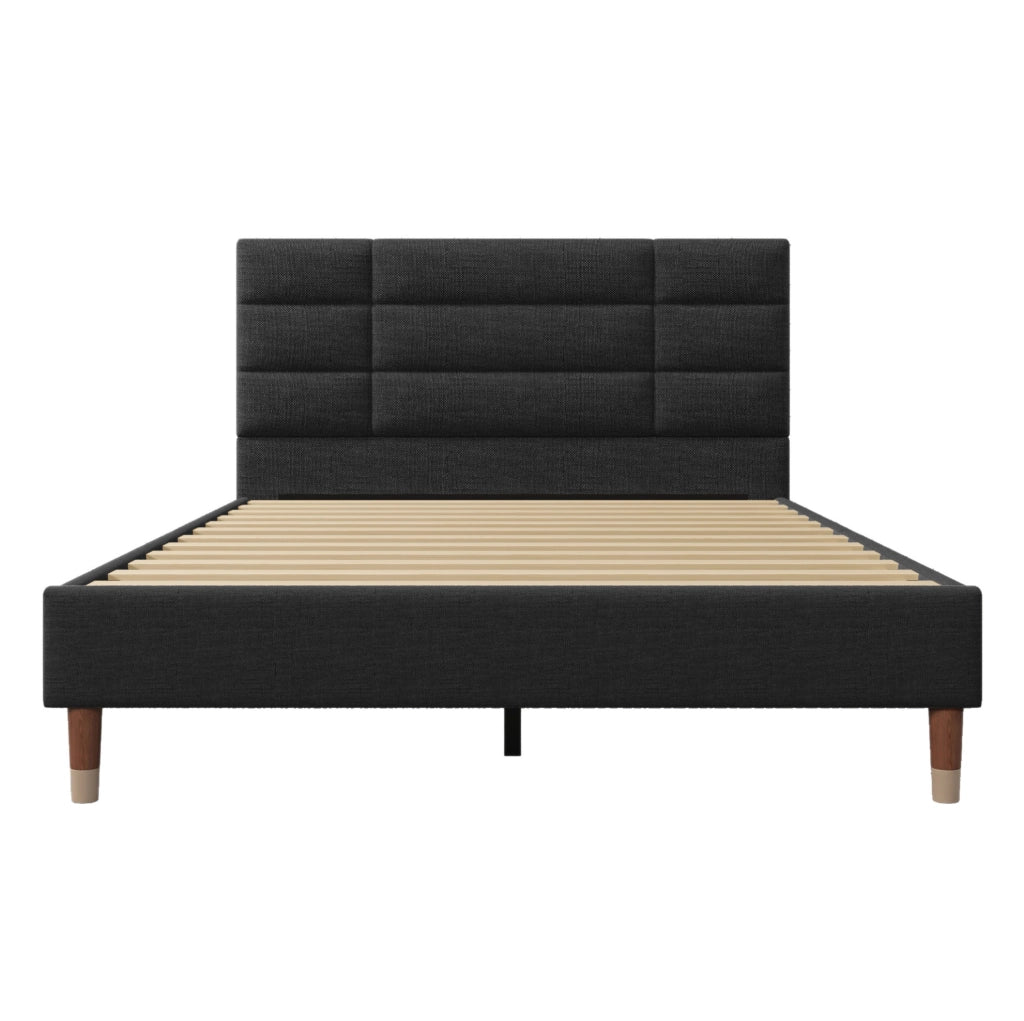Letto imbottito 140x200 cm con rete; testiera comoda; legno; nero (Senza materasso)