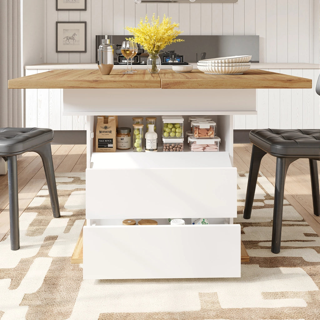 Tavolo da pranzo allungabile in MDF con vano contenitore e chiusura ammortizzata, per cucina e soggiorno, bianco