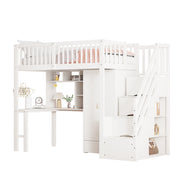 Letto a soppalco singolo 90×200 cm con armadio; tavolo; scaffale e scala con cassetti; senza materasso; bianco
