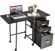 Scrivania Pieghevole e Rimovibile, Tavolo per Computer con Ruote Bloccabili, Tavolo con 3 Casseti di Dimensioni Diverse, Scrivania da Lavoro, Tavolo Porta PC in Legno (marrone)