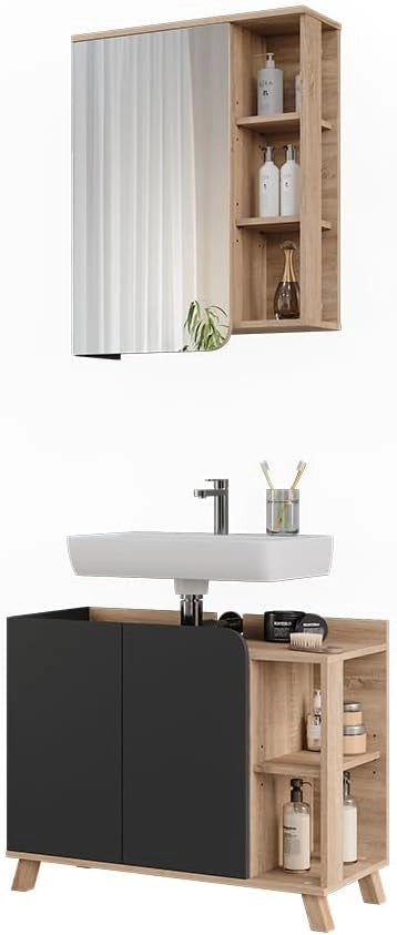 Set di mobili da bagno Karen, Sonoma/antracite, 80 cm, composto da specchio da bagno e mobile sottolavabo