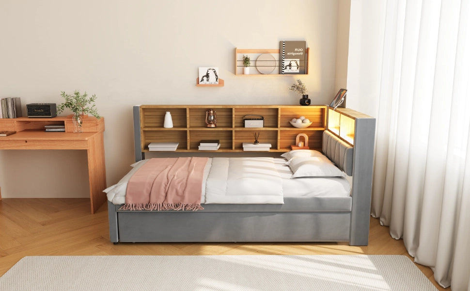 Divano letto multifunzionale 90x200 con letto estraibile 90x190, luci LED, prese di ricarica e vani contenitore, flanella, grigio scuro